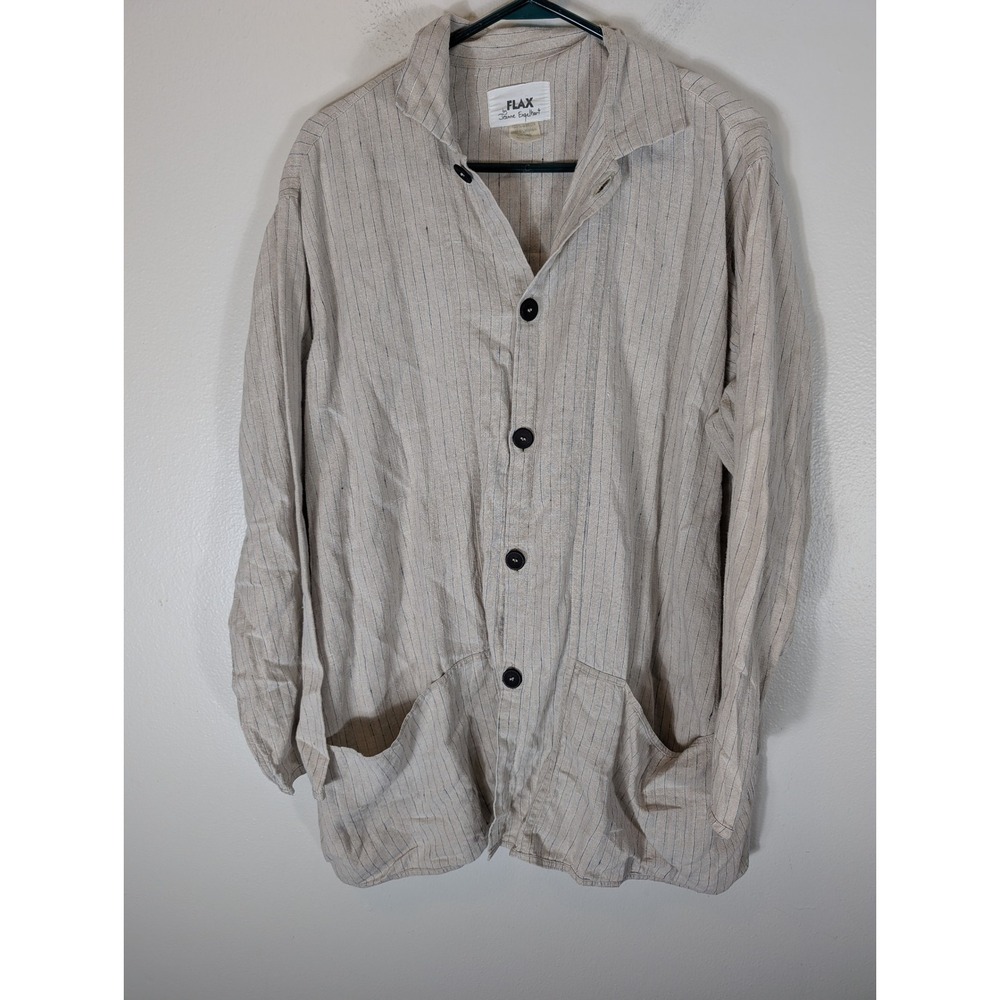 Flax by Jeanne Engelhart Linen Pinstripe Button Down Shirt Beige Blue Lagenlook